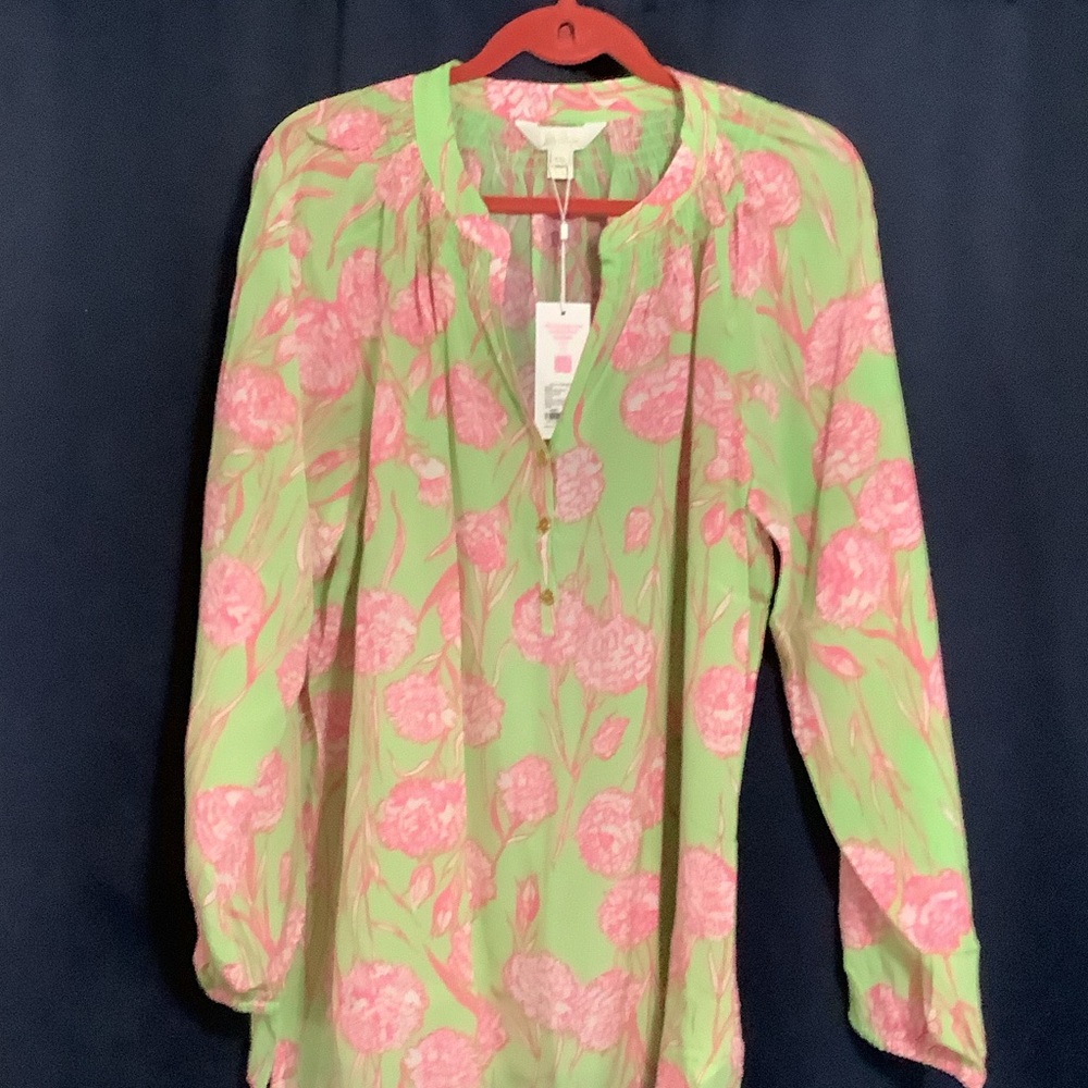 Lilly Pulitzer Elsa Pink Floral on Green Tunic Top